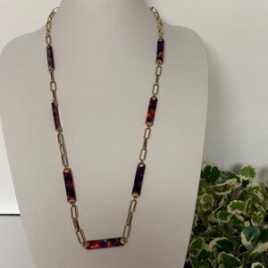 Long Gold Tone Paperclip Chain Necklace Multicolor Marbled Resin Links Retro